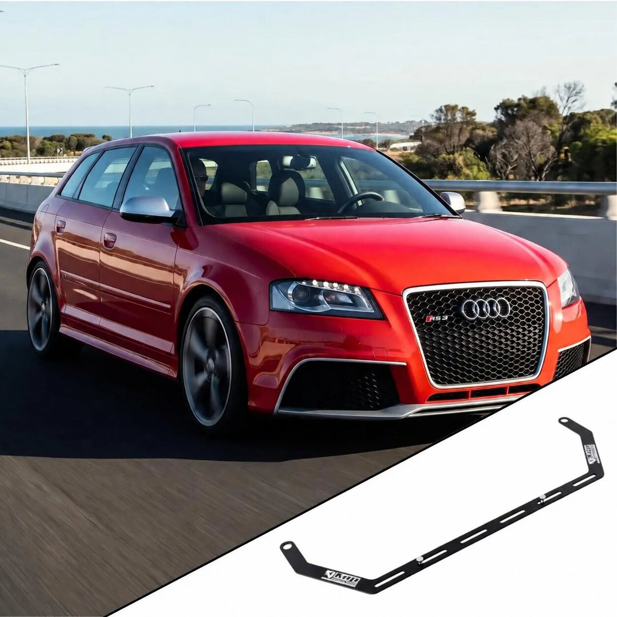 Audi RS3 8P with the vehicle-specific KAP fire extinguisher bracket shown inset