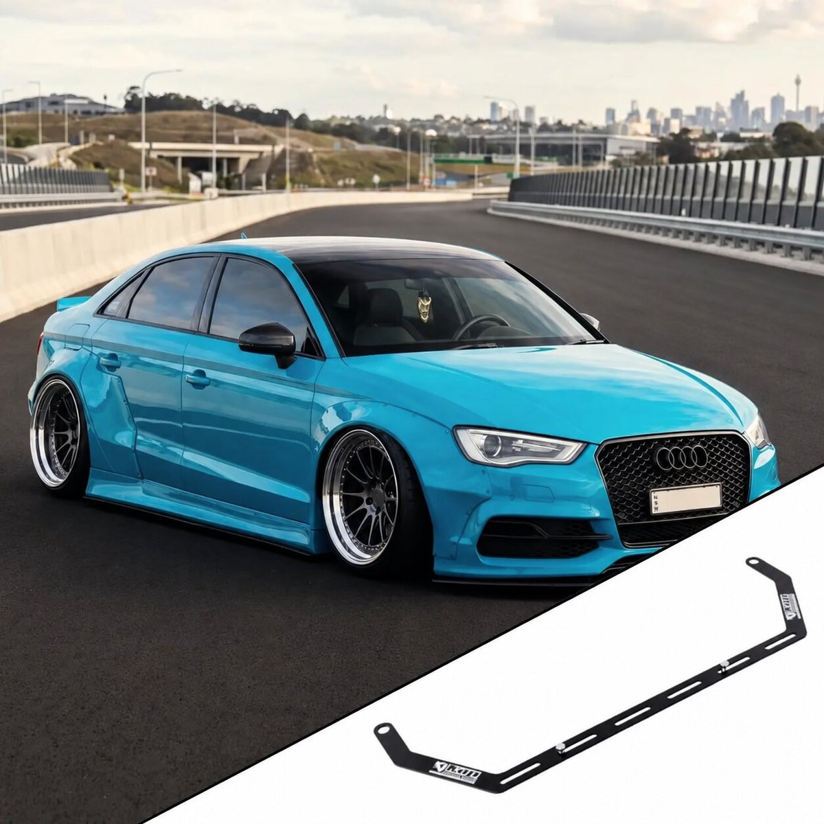 2015-2020 Audi A3 8V with the vehicle-specific KAP fire extinguisher bracket shown inset