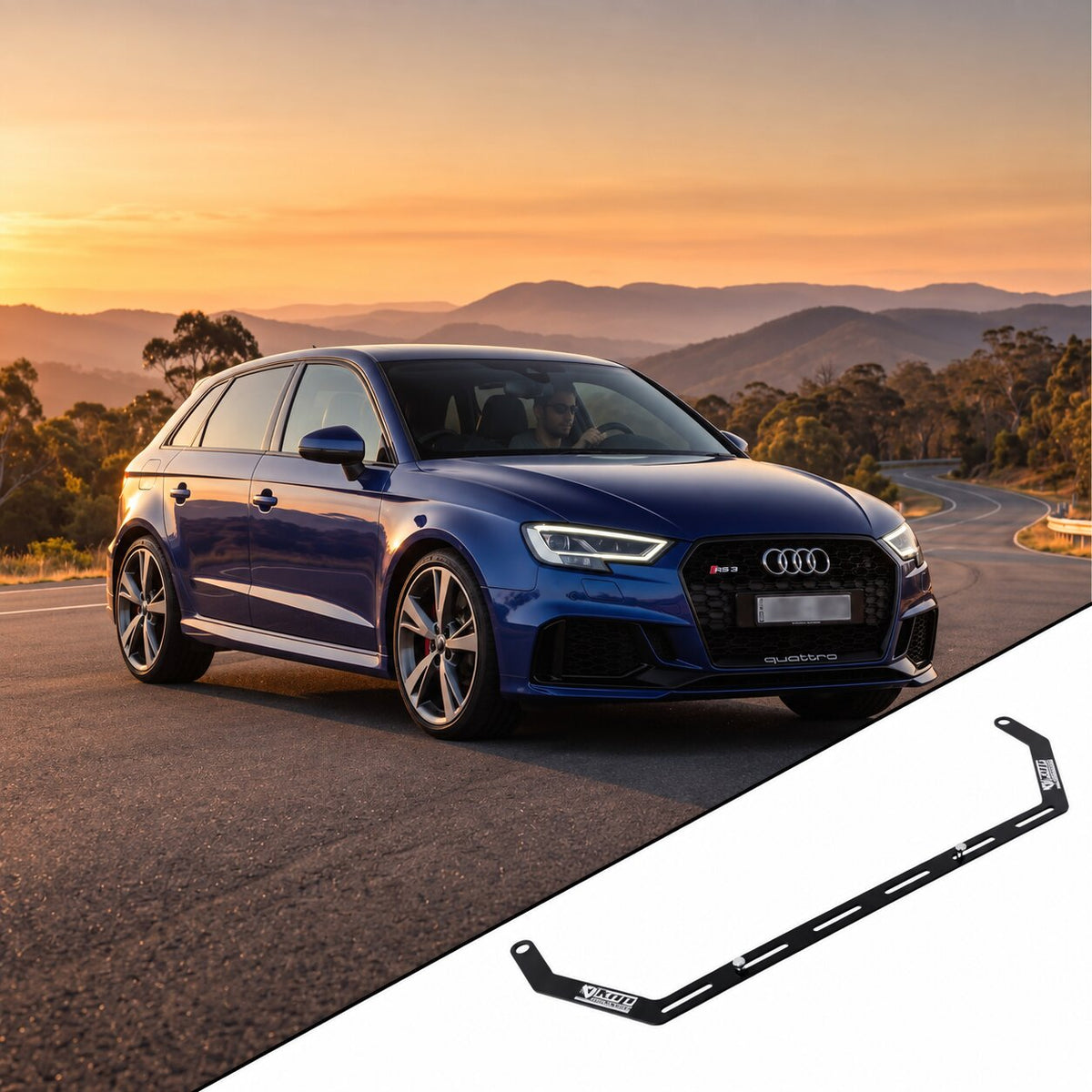 2017-2020 Audi RS3 8V with the vehicle-specific KAP fire extinguisher bracket shown inset