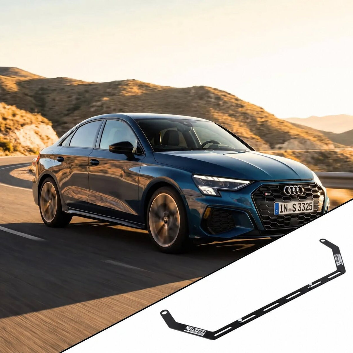 2022+ Audi S3 8Y with the vehicle-specific KAP fire extinguisher bracket shown inset