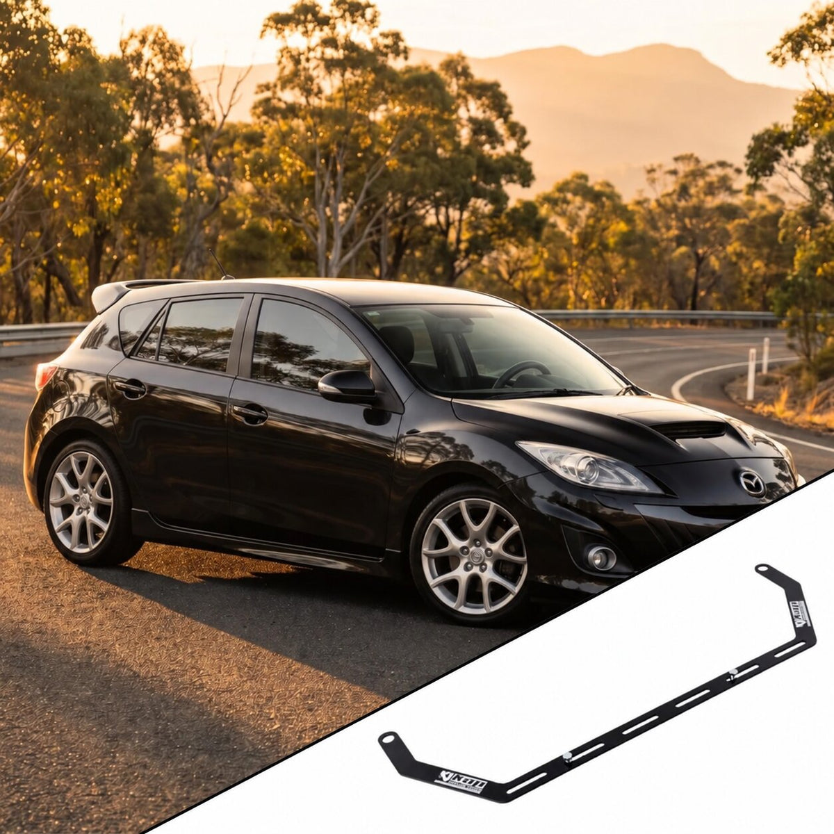 2010-2013 Mazdaspeed3 BL with the vehicle-specific KAP fire extinguisher bracket shown inset
