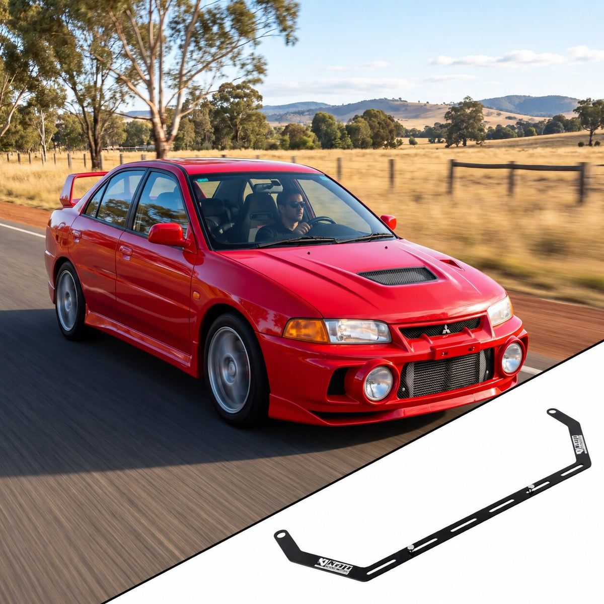 Mitsubishi Lancer Evolution IV CN9A with the vehicle-specific KAP fire extinguisher bracket shown inset