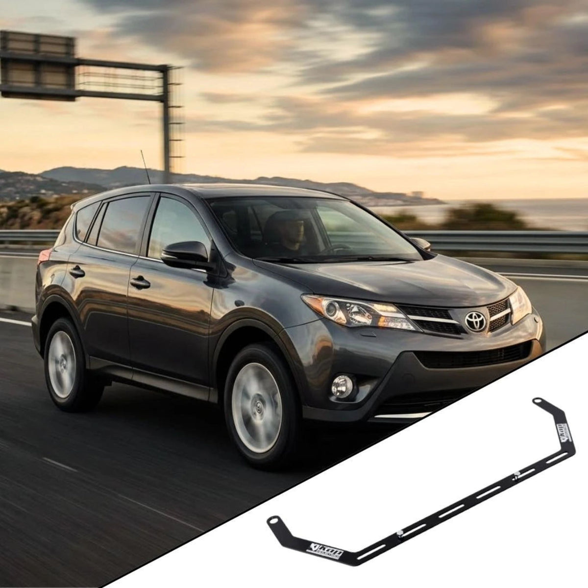 2013-2018 Toyota RAV4 4th Gen (XA40) with the vehicle-specific KAP fire extinguisher bracket shown inset