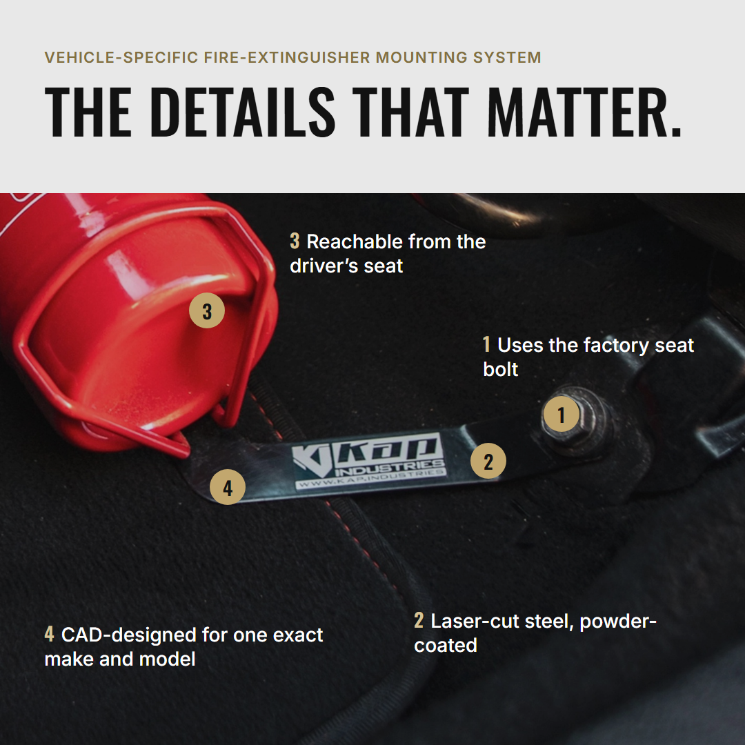The details that matter: factory seat bolt, laser-cut powder-coated steel, reachable from the driver's seat